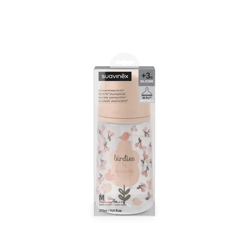 Suavinex Tettarella per biberon Sx Pro a flusso medio (M) +3 mesi Birdies Pink, 270 ml