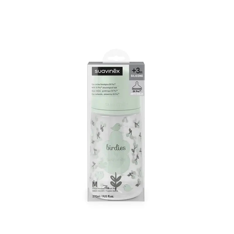 Suavinex Biberon Sx Pro Flusso Medio (M) +3 Mesi Verde Birdies, 270 ml