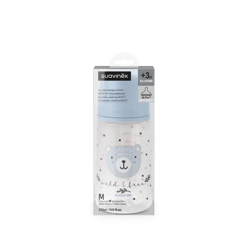 Suavinex Biberon Sx Pro Flusso Medio (M) +3 mesi Wild&Free Blu, 270 ml
