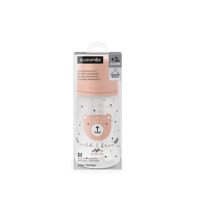 Suavinex Biberon Nipple Sx Pro Medium Flow (M) +3 mesi Wild&Free Pink, 270 ml