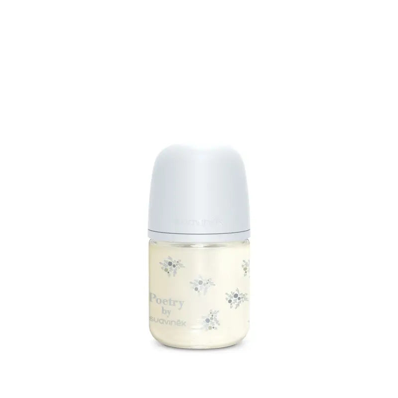 Suavinex Bottiglia di vetro 120 Ml, Flusso lento (S), +0 mesi, Blu Poesia