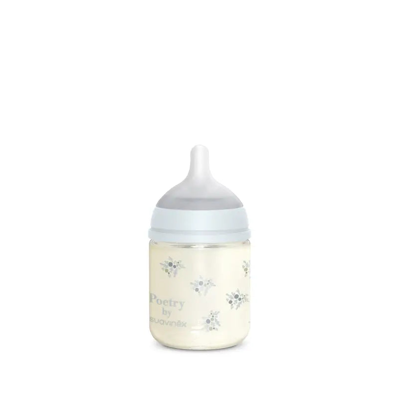 Suavinex Bottiglia di vetro 120 Ml, Flusso lento (S), +0 mesi, Blu Poesia