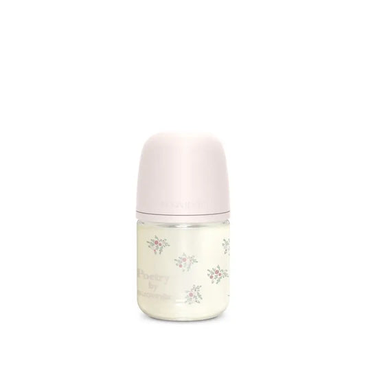 Suavinex Biberon in vetro 120 Ml, flusso lento (S), +0 mesi, rosa poesia