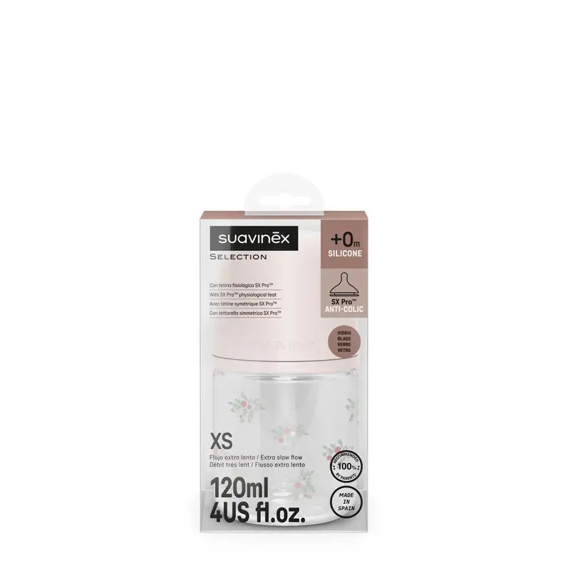 Suavinex Biberon in vetro 120 Ml, flusso lento (S), +0 mesi, rosa poesia