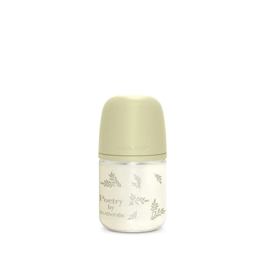 Suavinex Bottiglia di vetro 120 Ml, Flusso lento (S), +0 mesi, Poesia verde