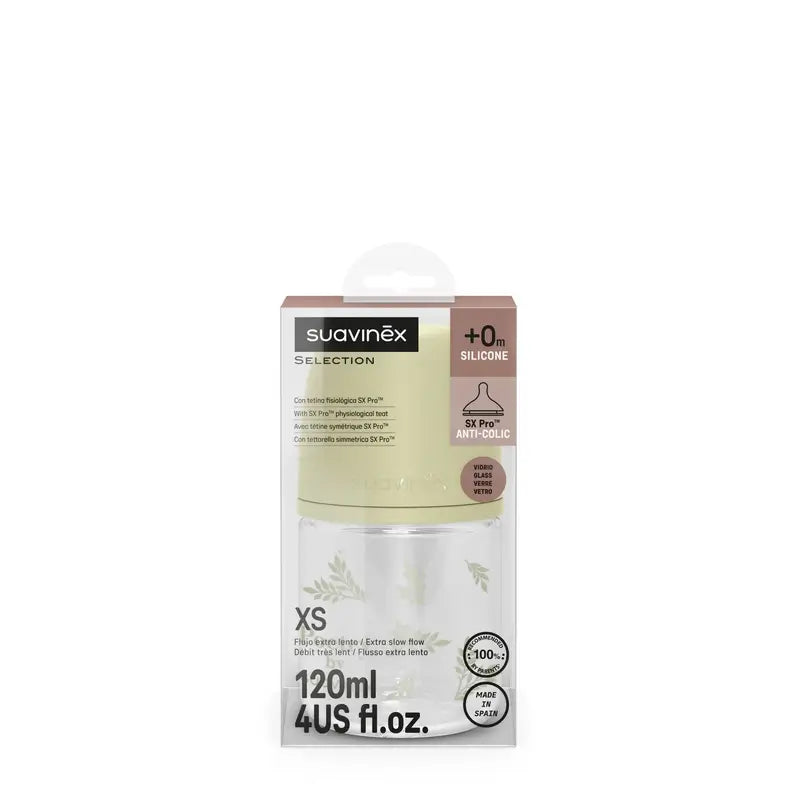 Suavinex Bottiglia di vetro 120 Ml, Flusso lento (S), +0 mesi, Poesia verde