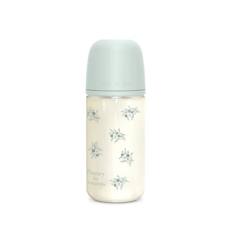 Suavinex Biberon in vetro 240 Ml, flusso medio (M), +3 mesi, Poesia Blu