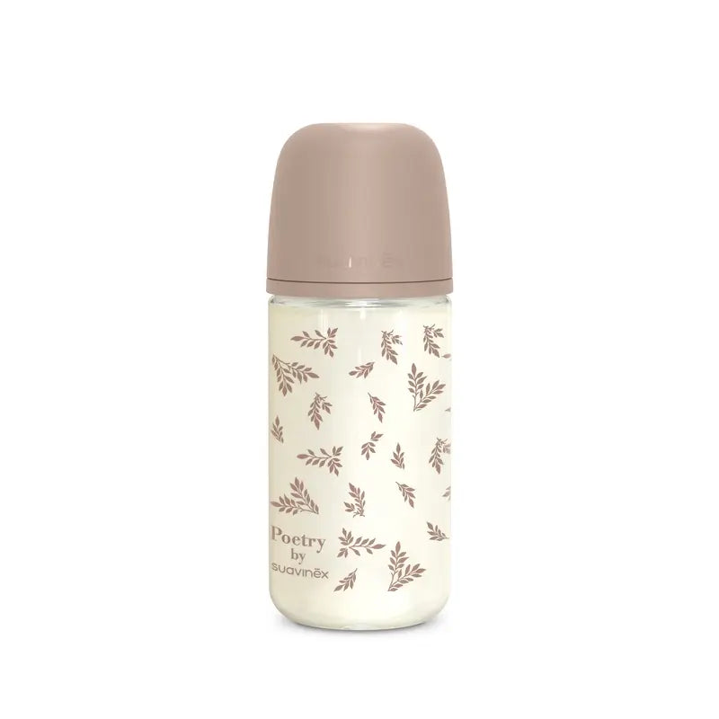 Suavinex Biberon in vetro 240 Ml, flusso medio (M), +3 mesi, Beige poesia