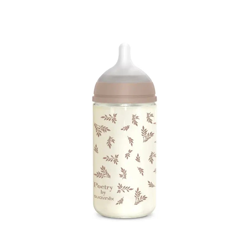 Suavinex Biberon in vetro 240 Ml, flusso medio (M), +3 mesi, Beige poesia