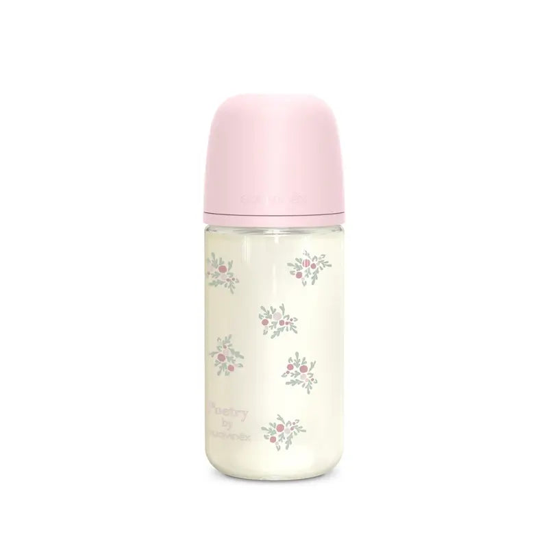 Suavinex Biberon in vetro 240 Ml, flusso medio (M), +3 mesi, Rosa Poesia