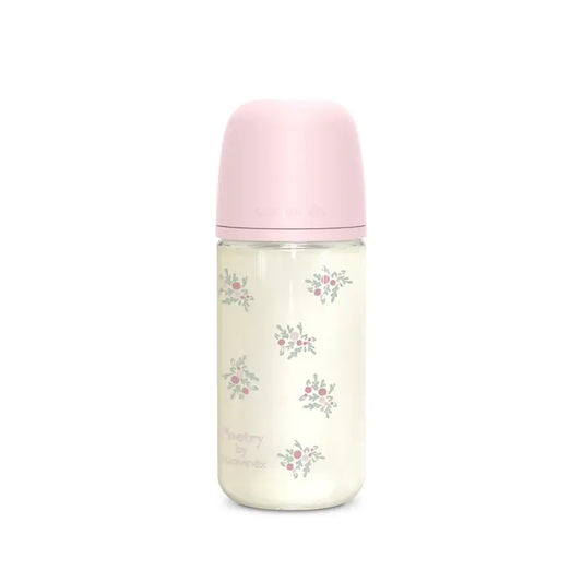 Suavinex Biberon in vetro 240 Ml, flusso medio (M), +3 mesi, Rosa Poesia