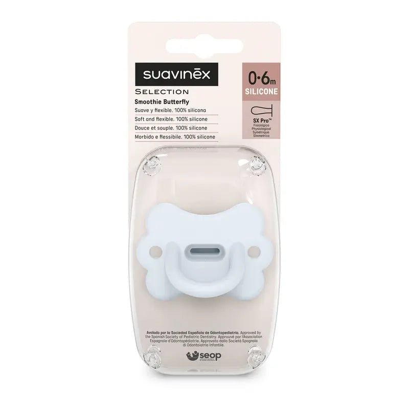 Suavinex Ciuccio Tutto Silicone Fisiologico Sx Pro, 0/6 Mesi, Farfalla Ballad Blu