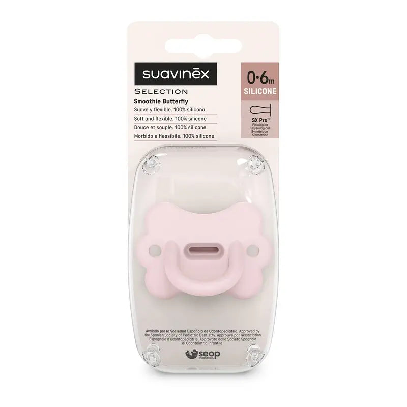 Suavinex Ciuccio Tutto Silicone Succhietto Sx Pro, 0/6 mesi, Farfalla Acqua di Rose