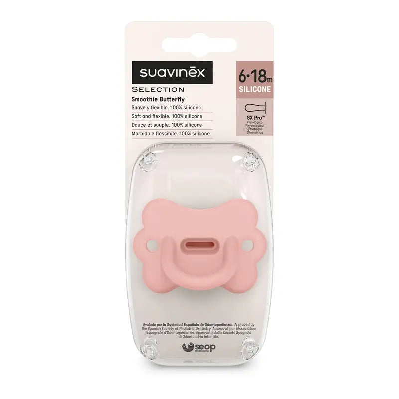 Suavinex Ciuccio Tutto Silicone Sx Pro, 6/18 mesi, Farfalla Rosa Pesca