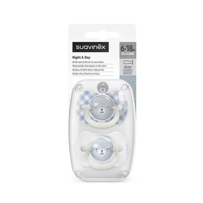 Suavinex Night & Day Succhietto notturno Sx Pro Tettarella 6/18 mesi Blu, 2 unità