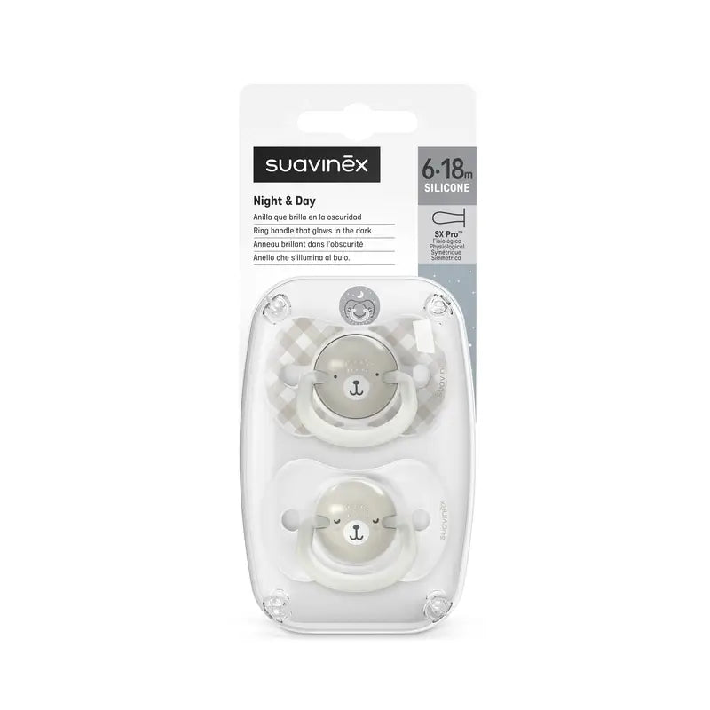 Suavinex Night & Day Succhietto notturno Sx Pro Tettarella 6/18 mesi Grigio, 2 unità