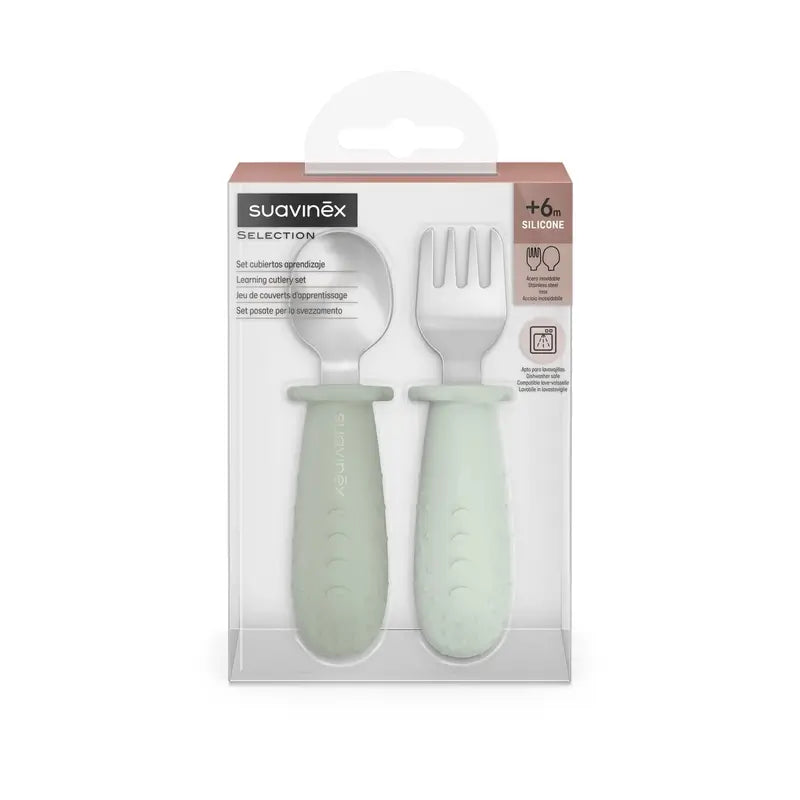 Suavinex Posate per l'apprendimento dell'acciaio inossidabile, +6 mesi, verde