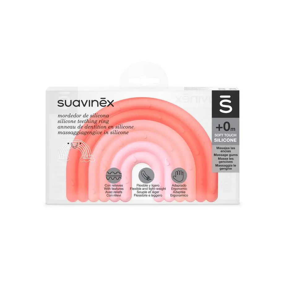 Suavinex Teether in silicone +0 mesi, arcobaleno, rosa