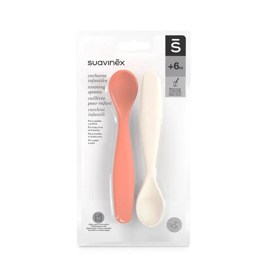 Suavinex Confezione da 2 cucchiai per lattanti. Adatto alle gengive sensibili. Ideale per pappe e porridge. +4 mesi, corallo + grigio