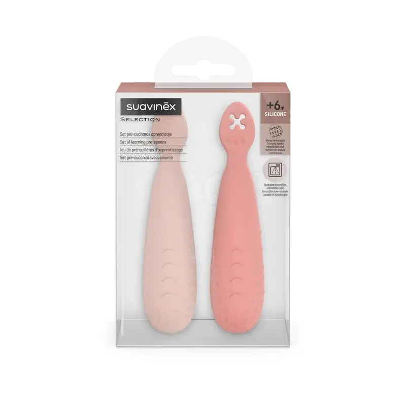 Suavinex Confezione 2 Cucchiai in silicone, +6 mesi, rosa