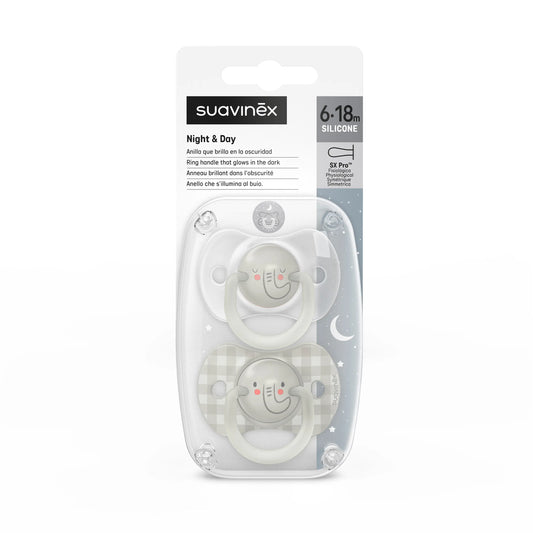 Confezione di succhietti Suavinex grigio fosforescente, 6-18 mesi, 2 unità
