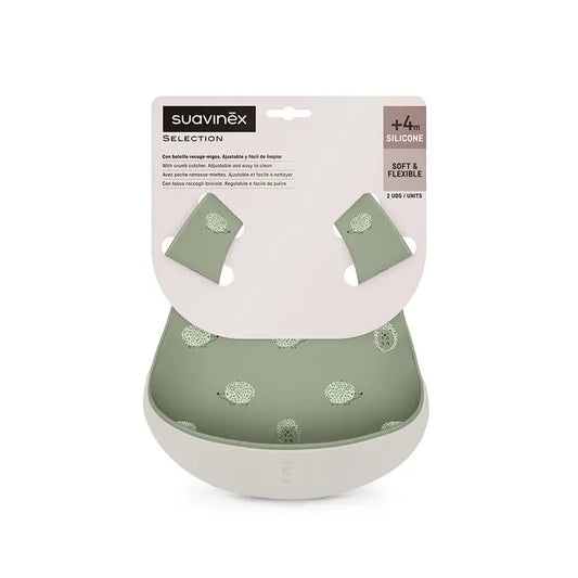 Suavinex Confezione da 2 bavaglini flessibili impermeabili in silicone con tasca raccoglibriciole, +4 mesi, verde + grigio