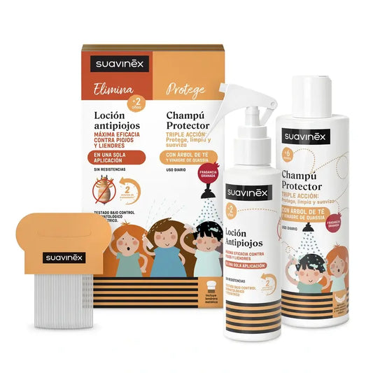 Confezione Suavinex Lozione antipidocchi 125 Ml + Shampoo protettivo 250 Ml + Repellente per pidocchi, +2 anni