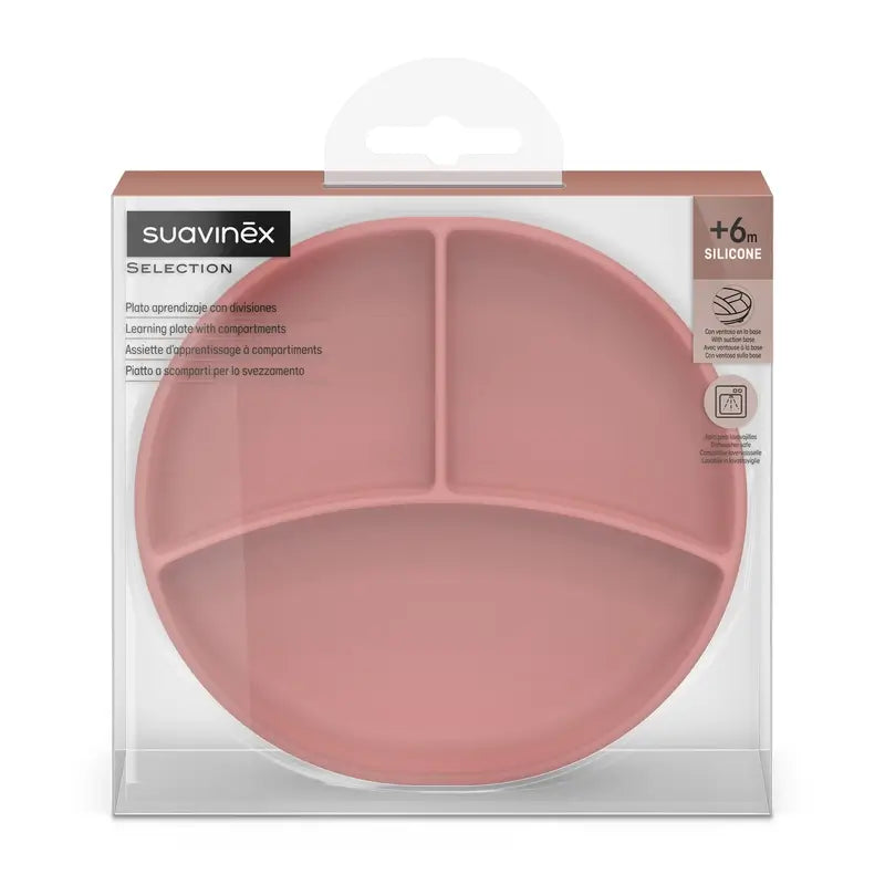 Piatto in silicone Suavinex con ventosa e divisioni, +6 mesi, rosa