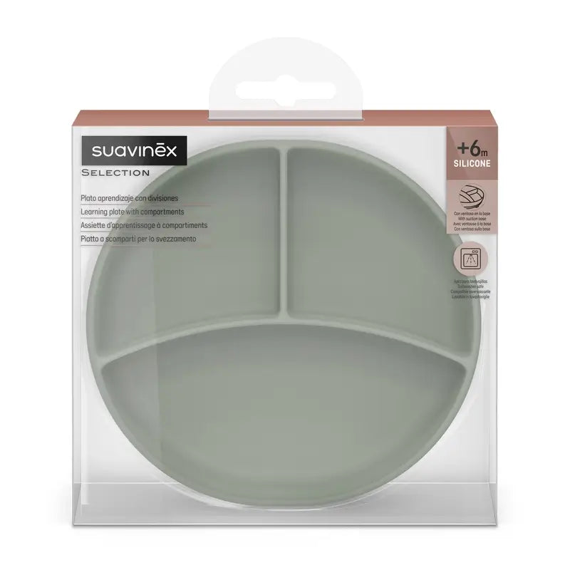 Piatto in silicone Suavinex con ventosa e divisioni, +6 mesi, verde