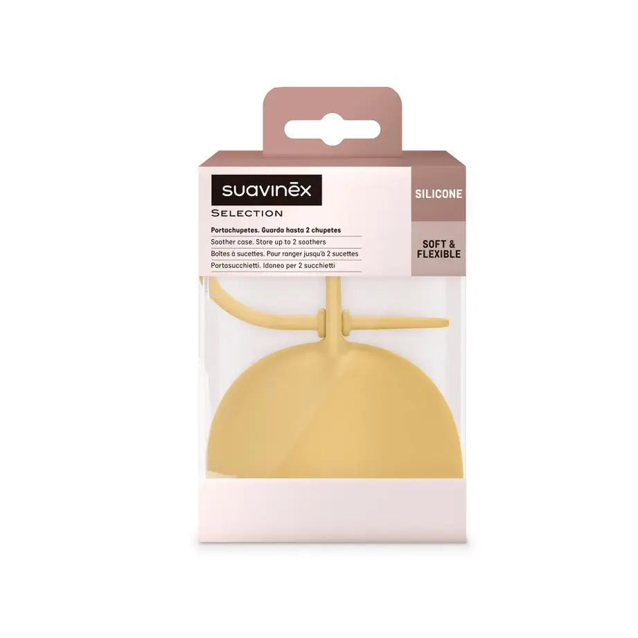 Supporto per succhietto Suavinex. Custodia per succhietto in silicone flessibile. 2 succhietti. +0 mesi. Colore Essenza, Senape