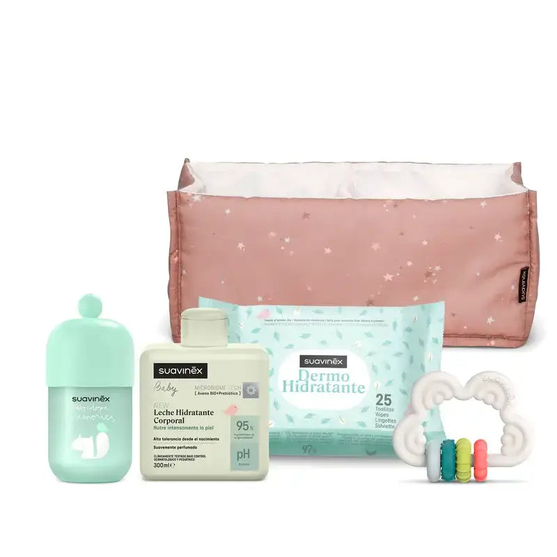 Suavinex Baby Gift Latte per bambini 300 Ml + Ricordi di colonia per bambini 100 Ml + Salviette + Teether, rosa