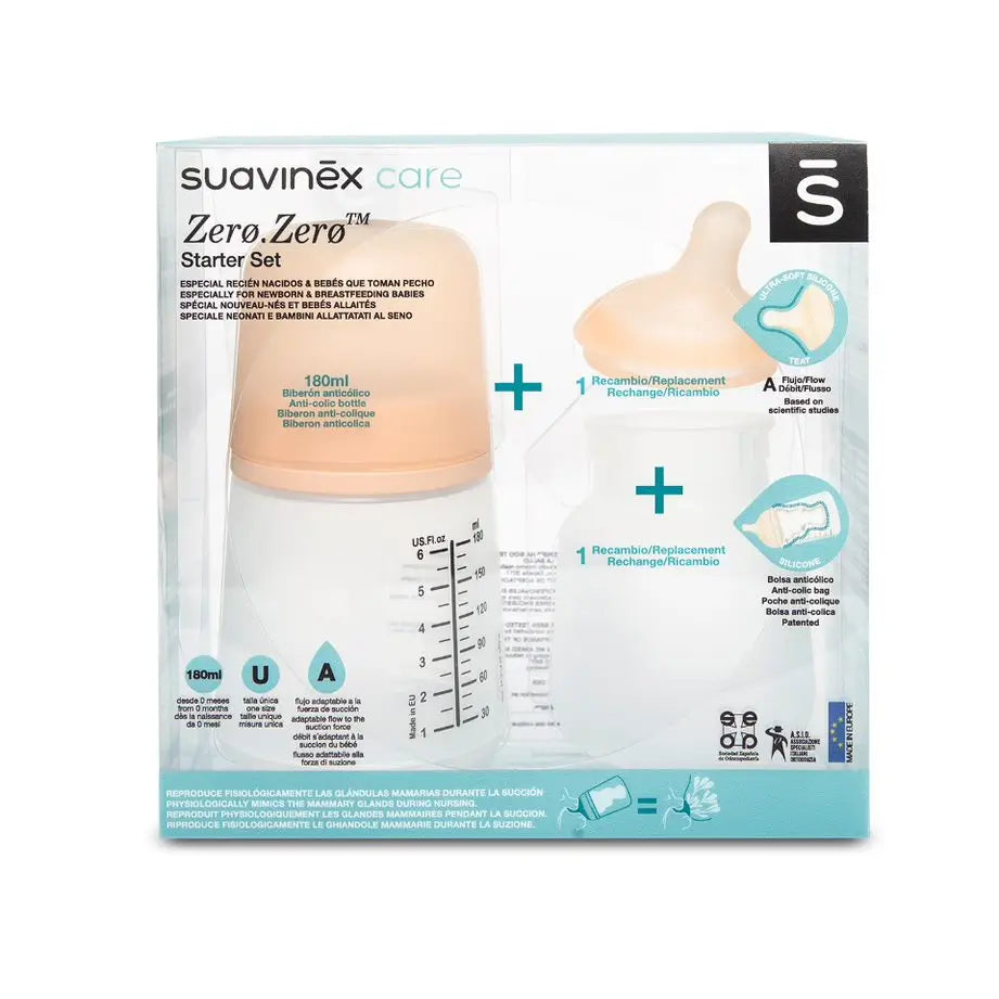 Suavinex Zero-Zero Set di biberon 180 Ml, flusso adattabile, con sacchetto di ricarica anticolica