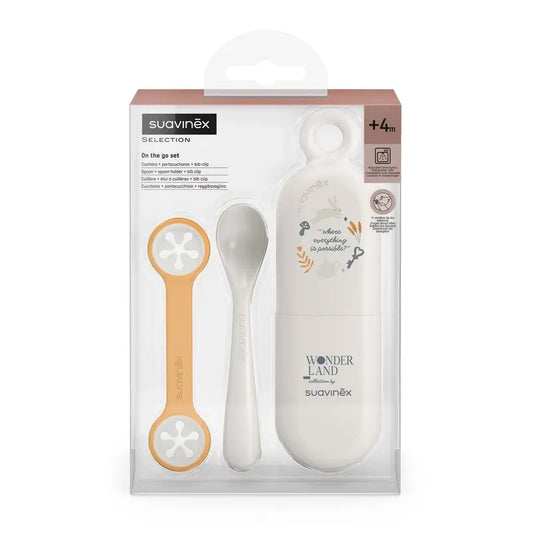 Suavinex Set cucchiaio + astuccio portacucchiaio + porta rossetto, +4 mesi, Wonderland Beige