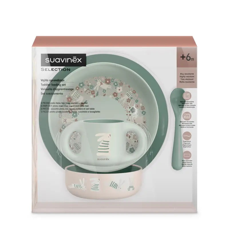 Suavinex Stoviglie per bambini +6 mesi, bianco verde