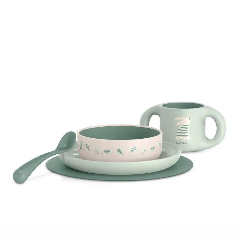 Suavinex Stoviglie per bambini +6 mesi, bianco verde