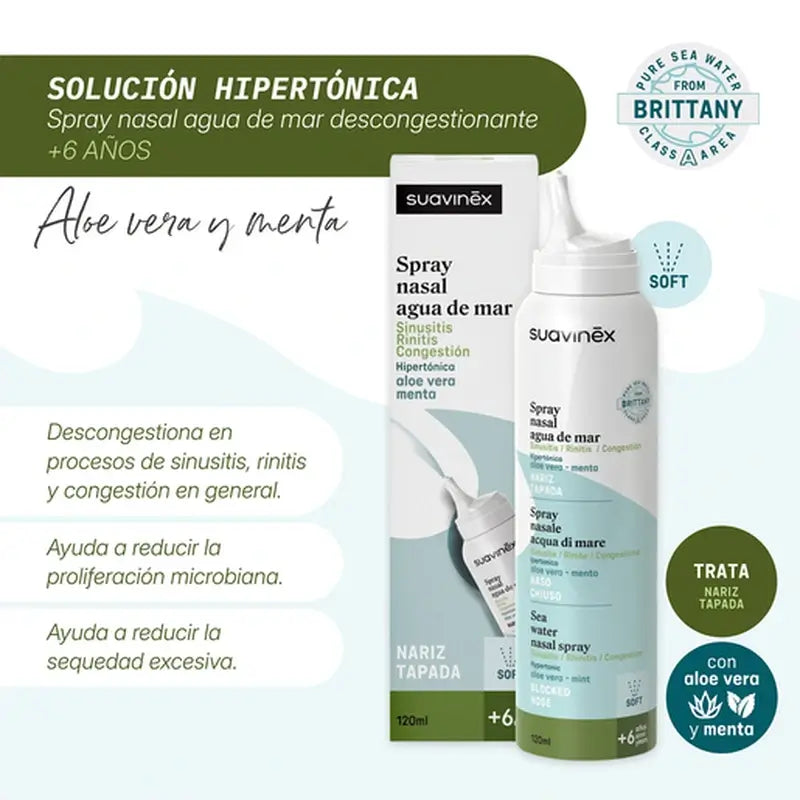 Suavinex Spray nasale decongestionante con acqua di mare +6A, 120 ml