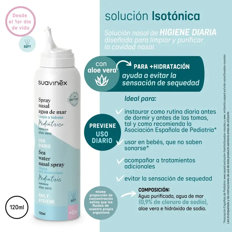 Suavinex Baby Spray Nasale Isotonico, Igiene Quotidiana, 120 Ml