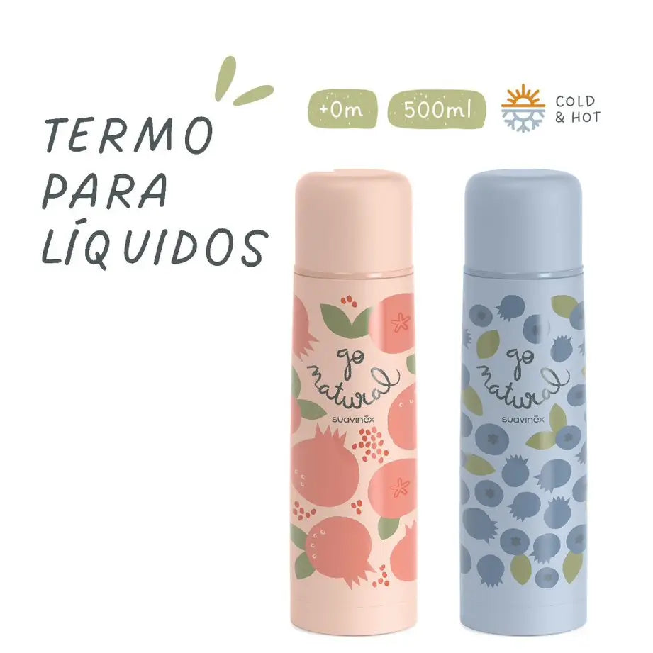 Thermos liquido Suavinex per bambini. Thermos in acciaio inox. Per bevande calde e fredde. 500 Ml. Corallo