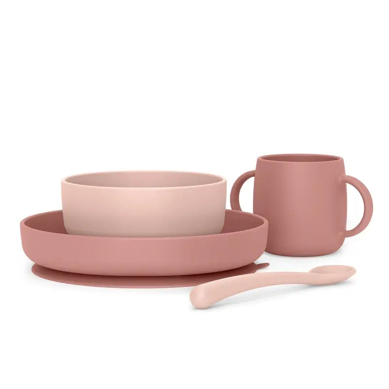 Suavinex Stoviglie in silicone 4 pezzi con ventosa, +4 mesi, rosa