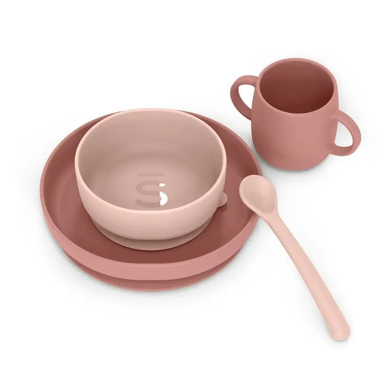 Suavinex Stoviglie in silicone 4 pezzi con ventosa, +4 mesi, rosa