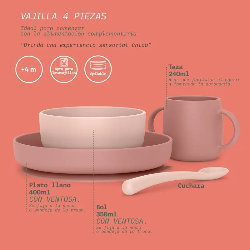 Suavinex Stoviglie in silicone 4 pezzi con ventosa, +4 mesi, rosa