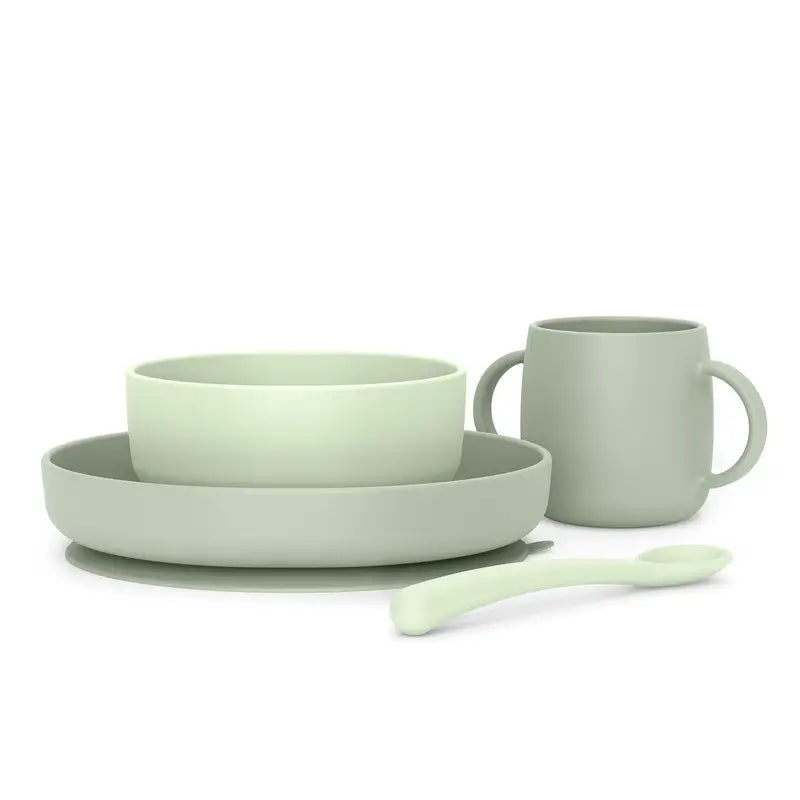 Suavinex Stoviglie in silicone 4 pezzi con ventosa, +4 mesi, verde
