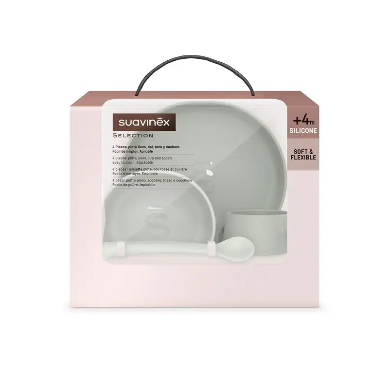 Suavinex Stoviglie in silicone 4 pezzi con ventosa, +4 mesi, verde