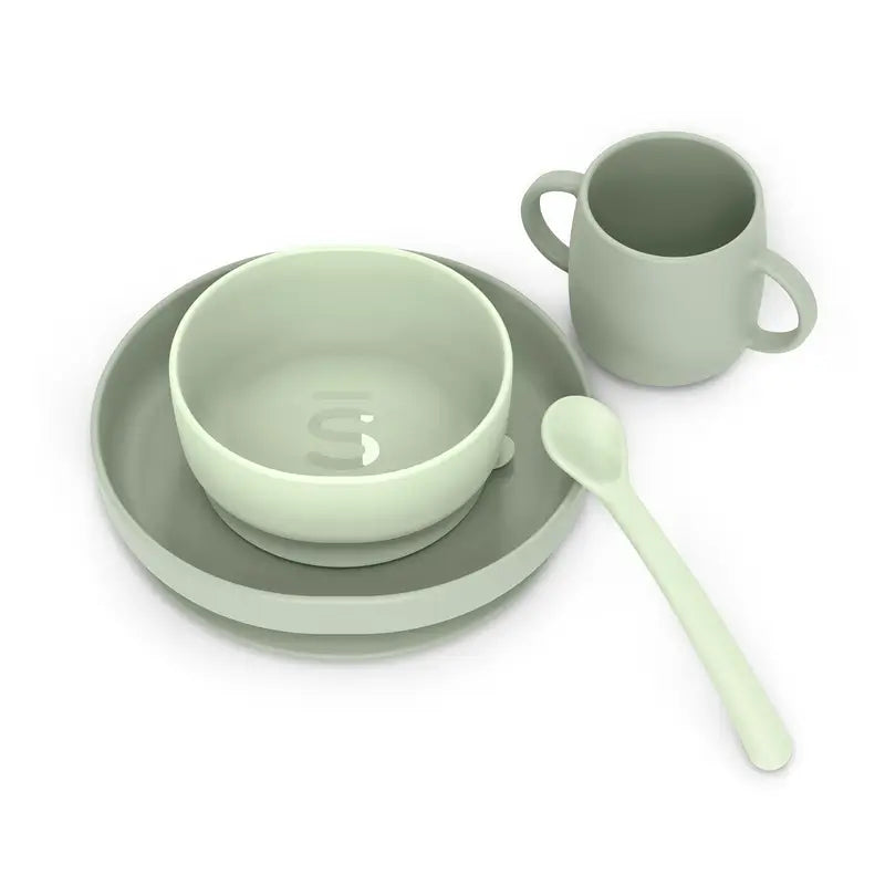 Suavinex Stoviglie in silicone 4 pezzi con ventosa, +4 mesi, verde
