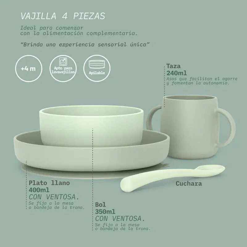 Suavinex Stoviglie in silicone 4 pezzi con ventosa, +4 mesi, verde