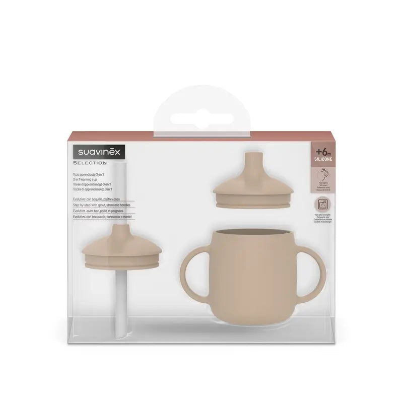 Tazza di apprendimento in silicone Suavinex 3 in 1, +6 mesi, beige
