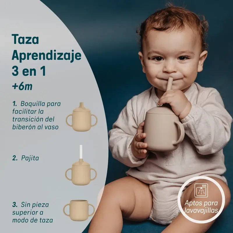 Tazza di apprendimento in silicone Suavinex 3 in 1, +6 mesi, beige