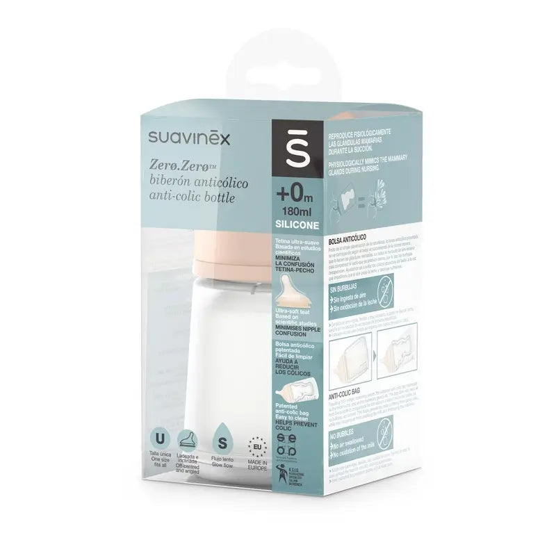 Suavinex Bottiglia Anticolica Zero Zero 180 Ml, Flusso Lento (S), +0 Mesi, Fiera