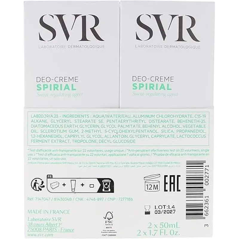 SVR Spirial Duo Deo-Crema Antitraspirante 48h, 2x50 ml