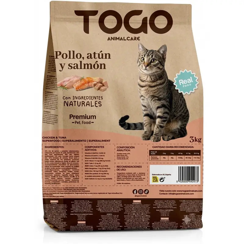 TOGO Cibo sterilizzato per gatti, tonno, salmone e pollo con probiotici, 3 kg